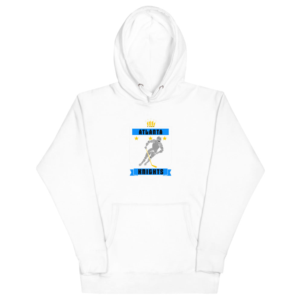 Atlanta Knights Hoodie (Premium) with the crowned shield with a skater in blue banners on the front, view 4