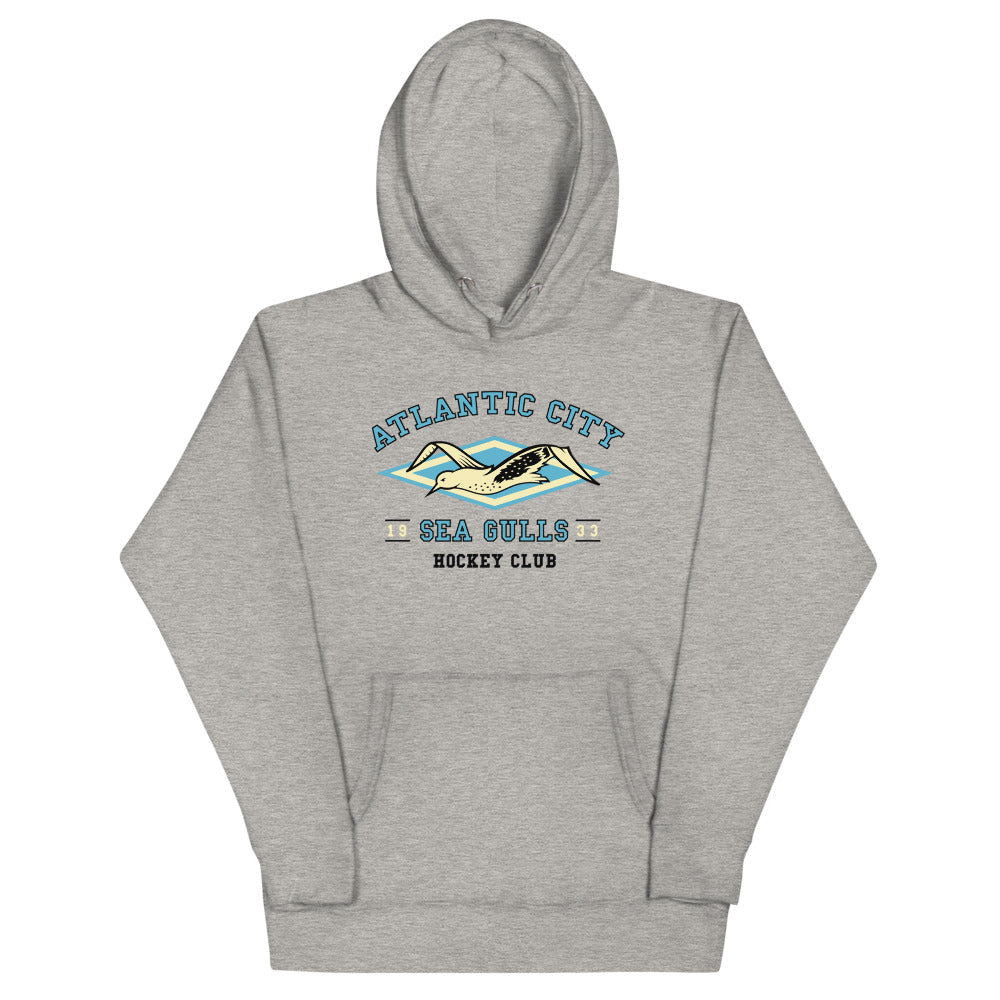Atlantic City Sea Gulls Hoodie (Premium) with the arched lettering over a gull above the waves on the front, view 2