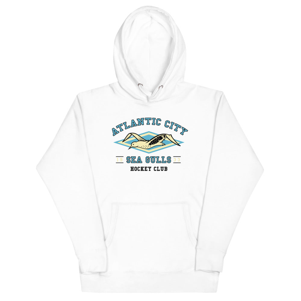 Atlantic City Sea Gulls Hoodie (Premium) with the arched lettering over a gull above the waves on the front, view 3