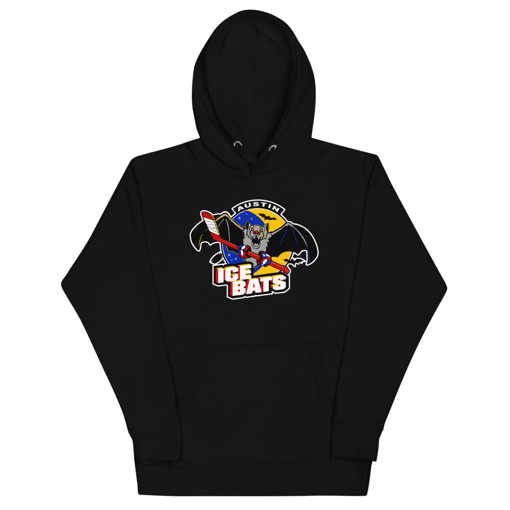 Austin Ice Bats Hoodie (Premium) with the grey bat mascot over red and yellow lettering on the front, view 2
