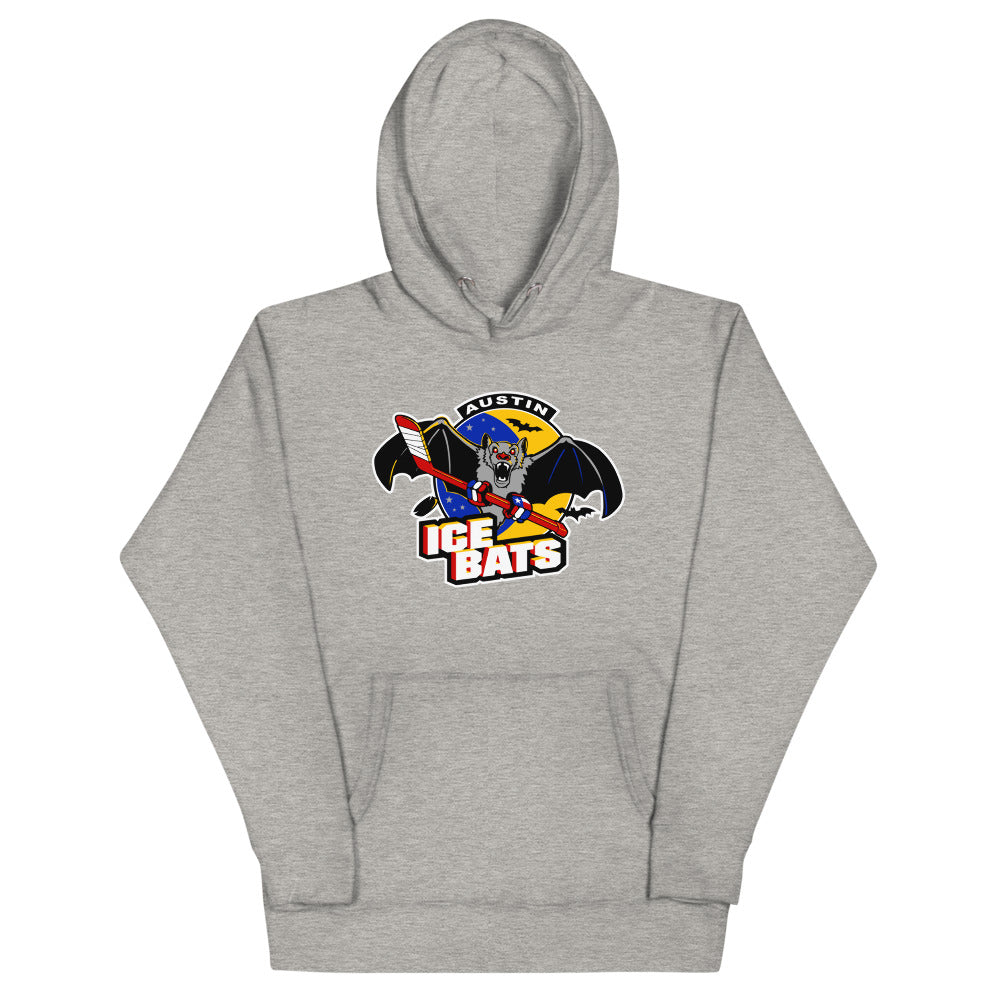 Austin Ice Bats Hoodie (Premium) with the grey bat mascot over red and yellow lettering on the front, view 4