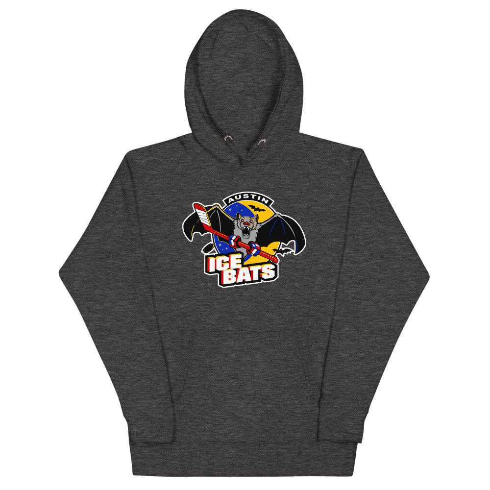 Austin Ice Bats Hoodie (Premium) with the grey bat mascot over red and yellow lettering on the front, view 3
