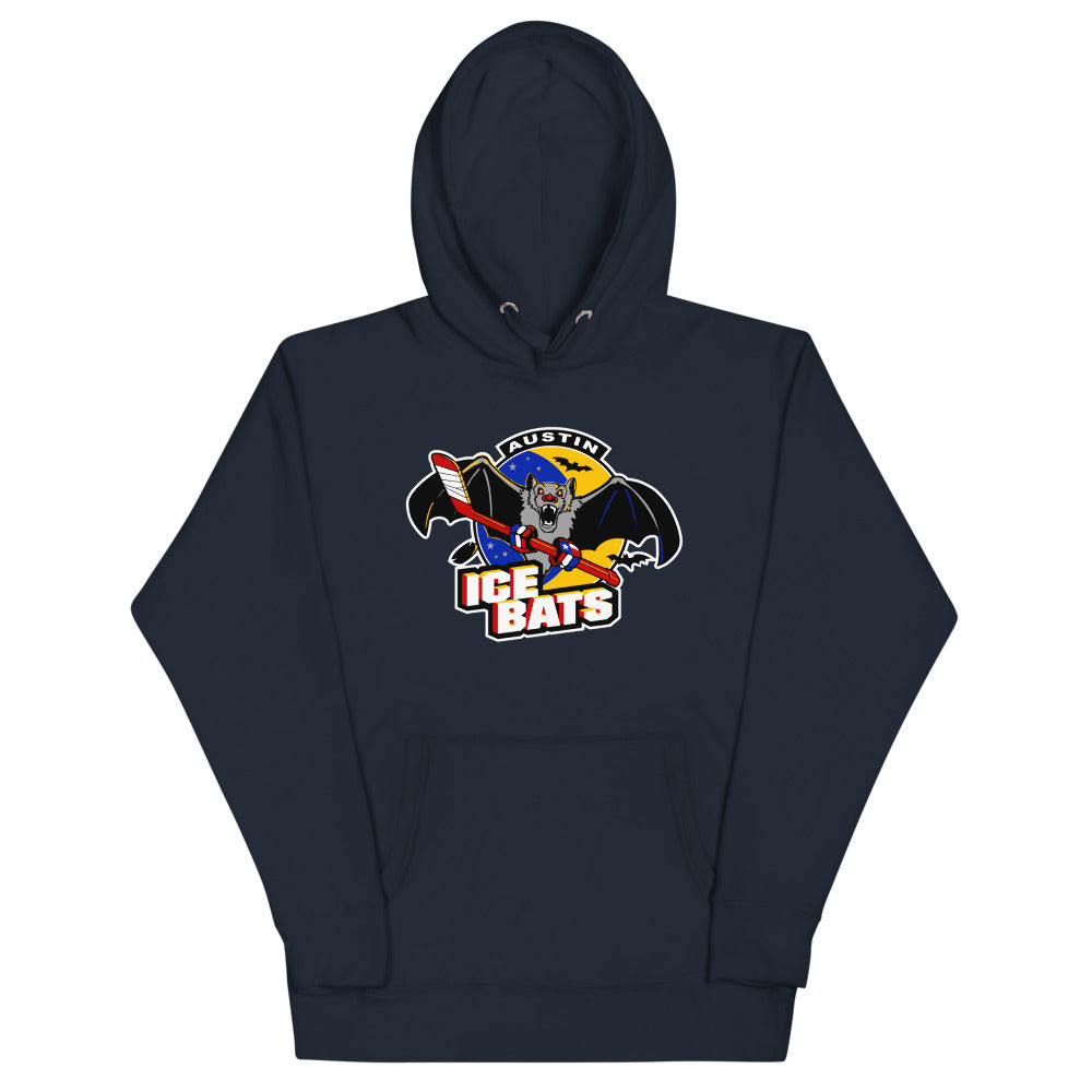Austin Ice Bats Hoodie (Premium) with the grey bat mascot over red and yellow lettering on the front, view 5