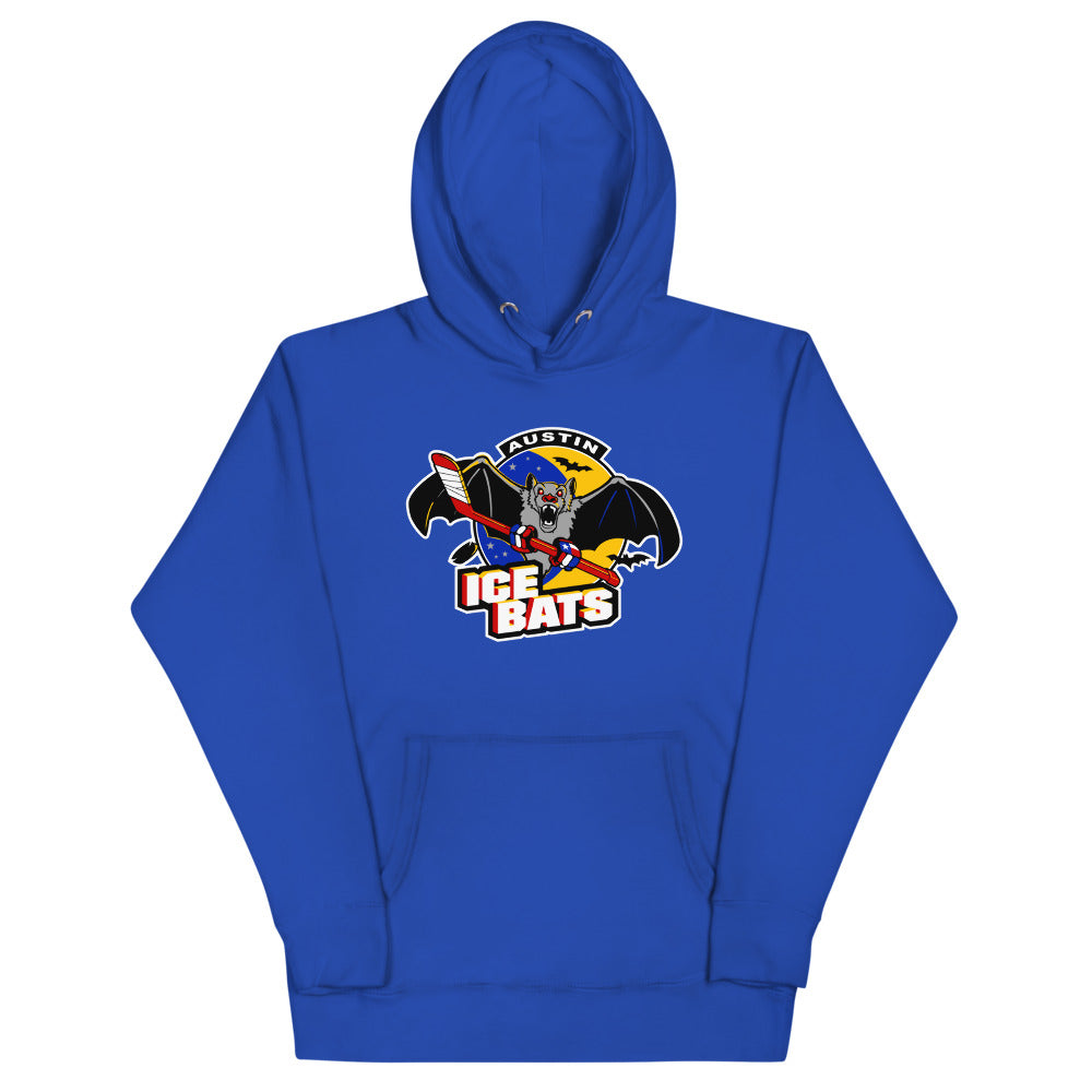 Austin Ice Bats Hoodie (Premium) with the grey bat mascot over red and yellow lettering on the front