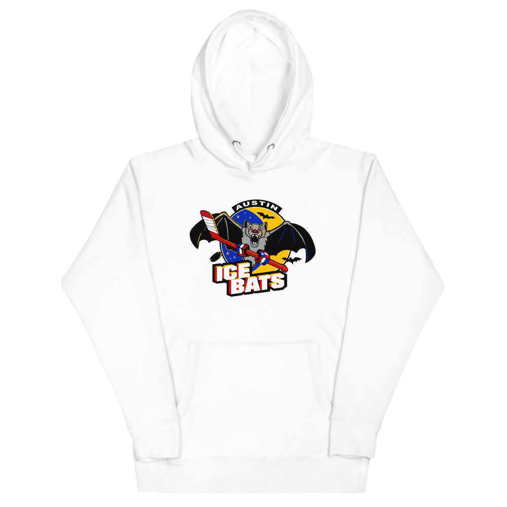 Austin Ice Bats Hoodie (Premium) with the grey bat mascot over red and yellow lettering on the front, view 6