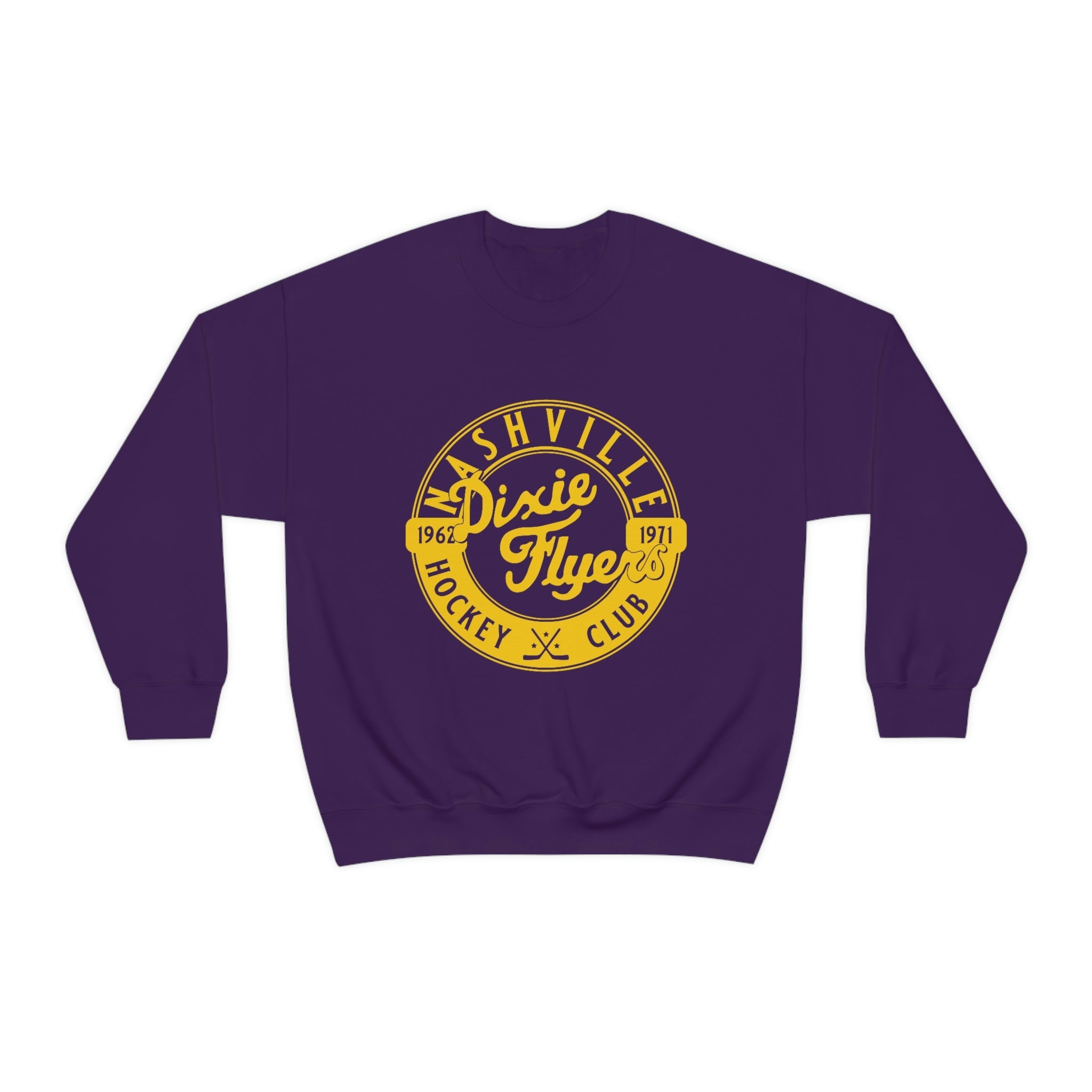 CLEARANCE Nashville Dixie Flyers Crewneck Sweatshirt in purple with the round gold badge with script lettering on the front