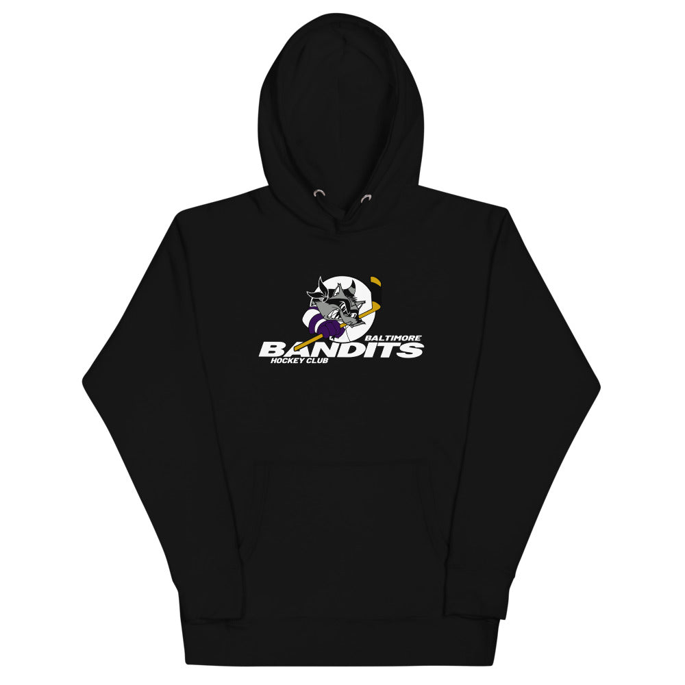 Baltimore Bandits Hoodie (Premium) with the raccoon bandit with a stick and white lettering on the front, view 3