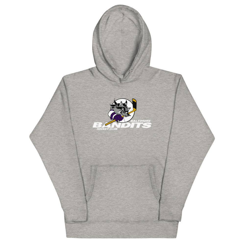 Baltimore Bandits Hoodie (Premium) with the raccoon bandit with a stick and white lettering on the front, view 2