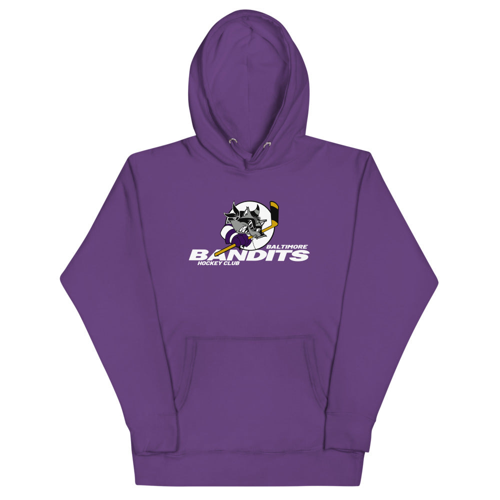 Baltimore Bandits Hoodie (Premium) with the raccoon bandit with a stick and white lettering on the front