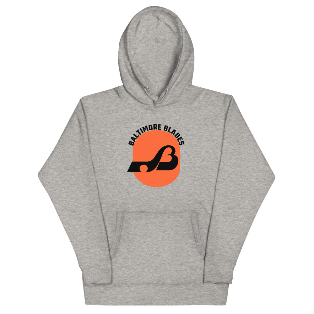 Baltimore Blades Text Hoodie (Premium) with the black B logo on an orange circle on the front
