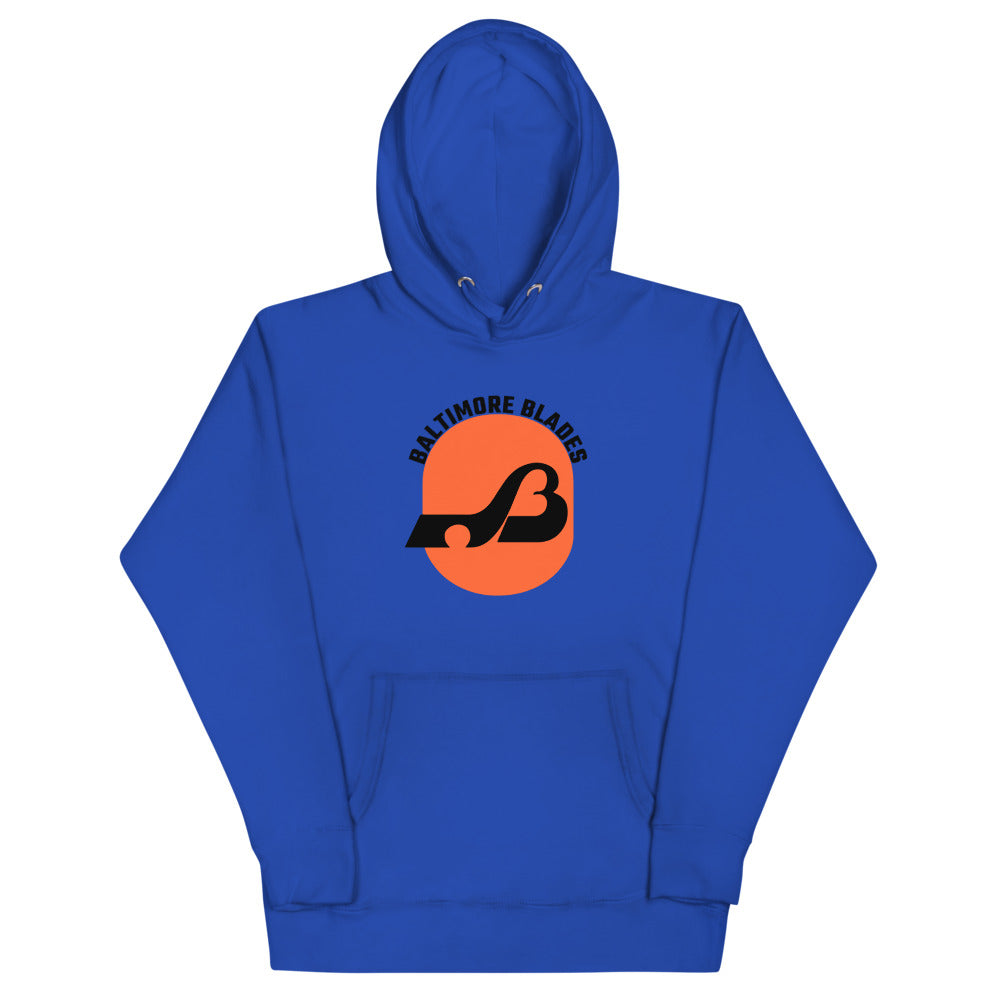 Baltimore Blades Text Hoodie (Premium) with the black B logo on an orange circle on the front, view 2
