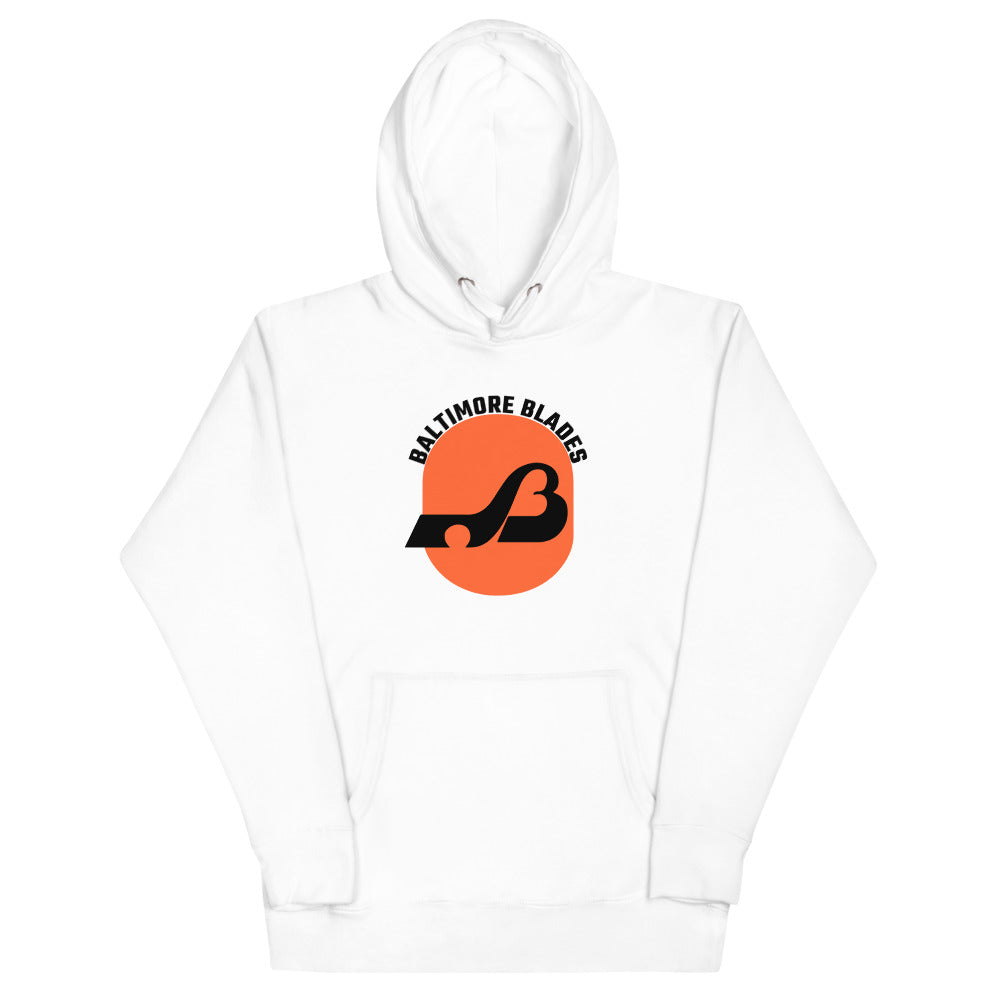 Baltimore Blades Text Hoodie (Premium) with the black B logo on an orange circle on the front, view 3