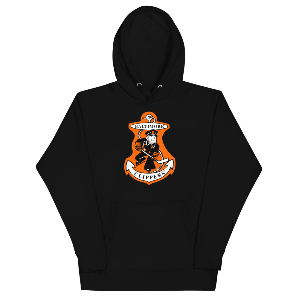 Baltimore Clippers Hoodie (Premium) with the orange shield with a skating sailor mascot on the front