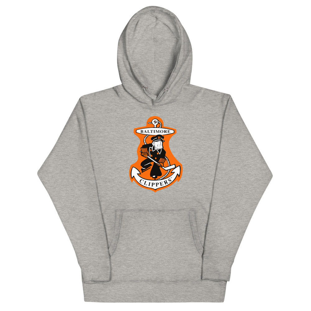 Baltimore Clippers Hoodie (Premium) with the orange shield with a skating sailor mascot on the front, view 2
