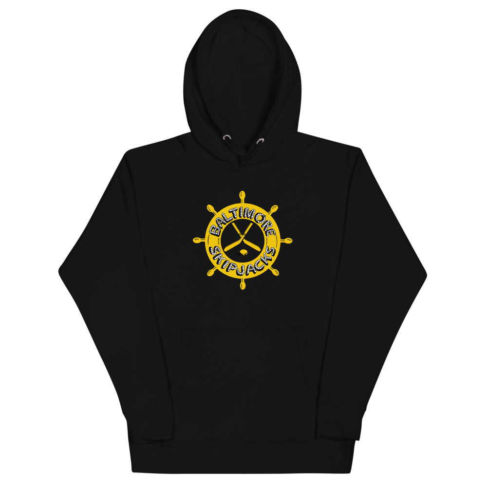 Baltimore Skipjacks 1982 Hoodie (Premium) with the gold ship's wheel with crossed sticks on the front