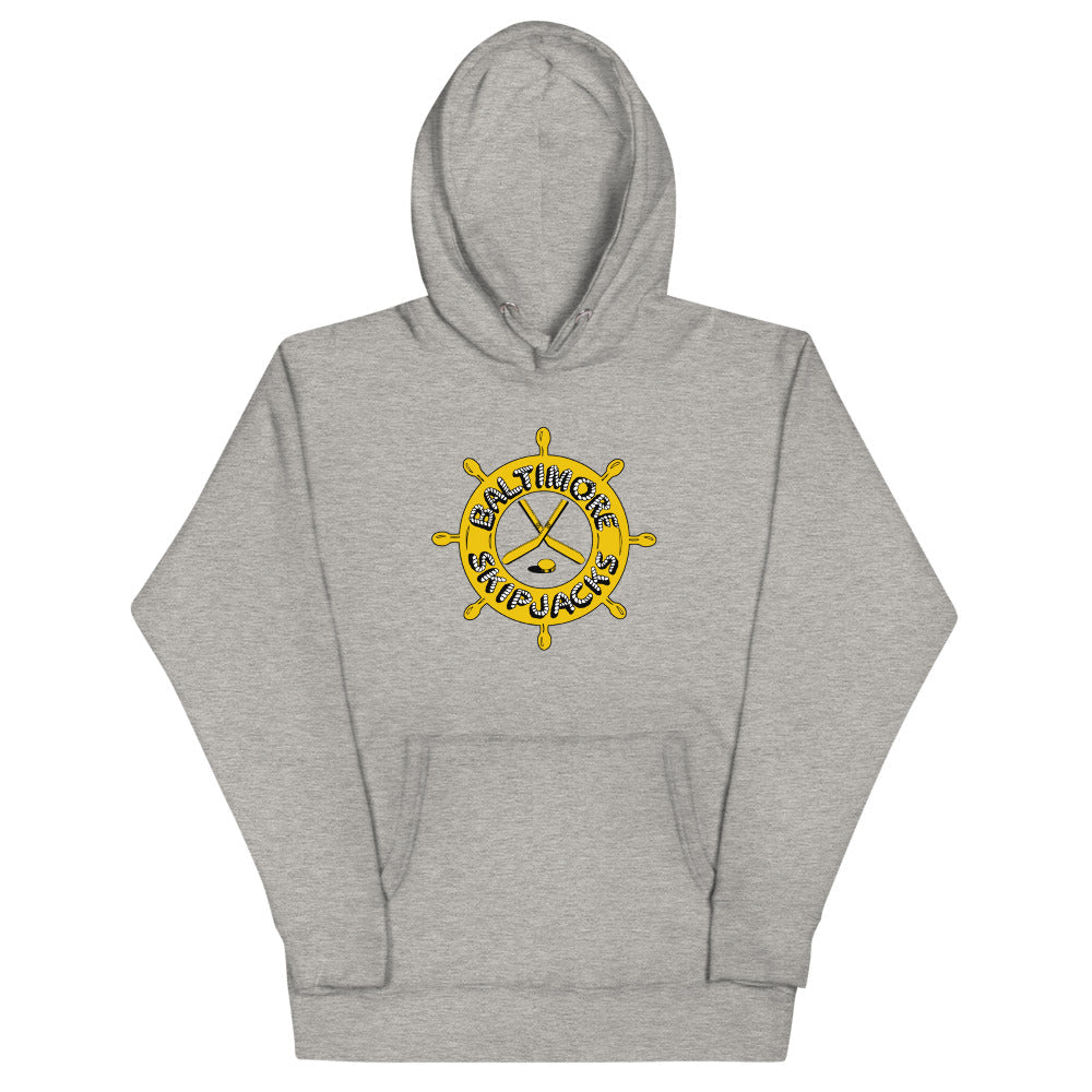 Baltimore Skipjacks 1982 Hoodie (Premium) with the gold ship's wheel with crossed sticks on the front, view 3