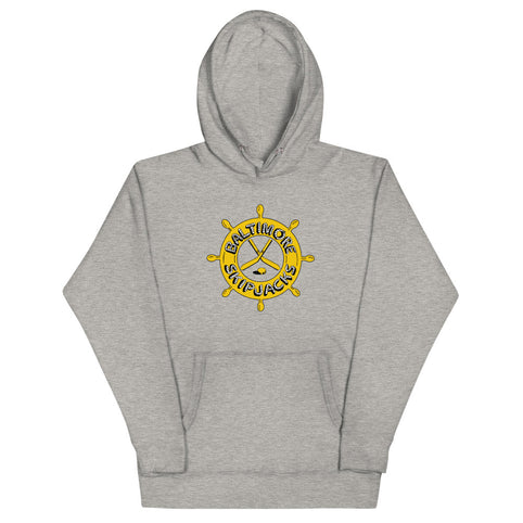 Baltimore Skipjacks 1982 Hoodie (Premium) with the gold ship's wheel with crossed sticks on the front, view 3