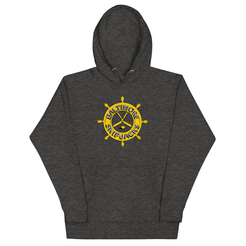 Baltimore Skipjacks 1982 Hoodie (Premium) with the gold ship's wheel with crossed sticks on the front, view 2