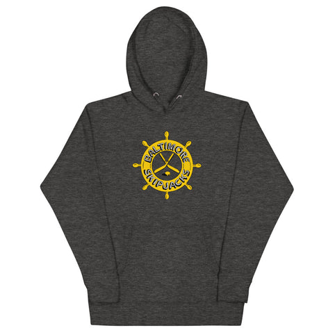 Baltimore Skipjacks 1982 Hoodie (Premium) with the gold ship's wheel with crossed sticks on the front, view 2