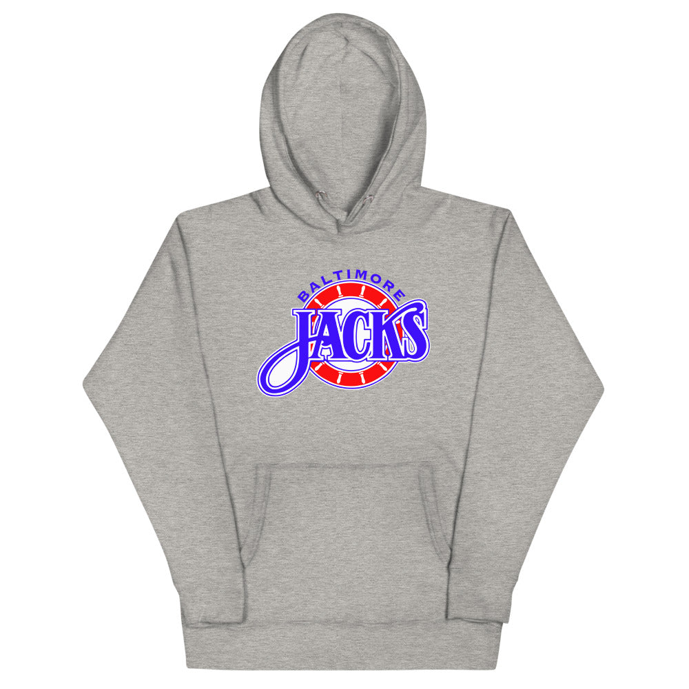 Baltimore Skipjacks Red & Blue Premium Hoodie with the blue Jacks script over a red striped ball on the front, view 2