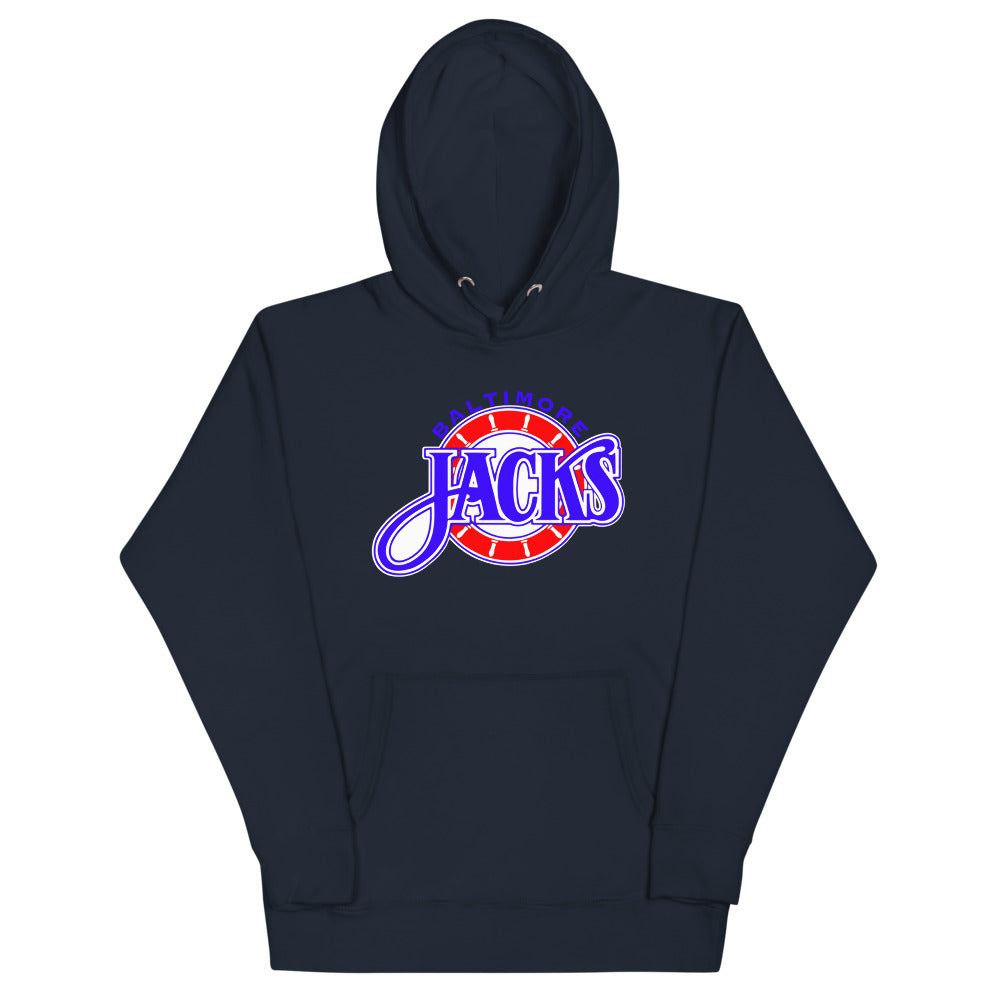 Baltimore Skipjacks Red & Blue Premium Hoodie with the blue Jacks script over a red striped ball on the front, view 3