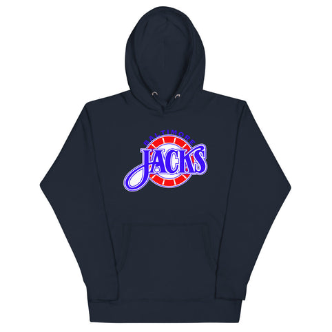 Baltimore Skipjacks Red & Blue Premium Hoodie with the blue Jacks script over a red striped ball on the front, view 3
