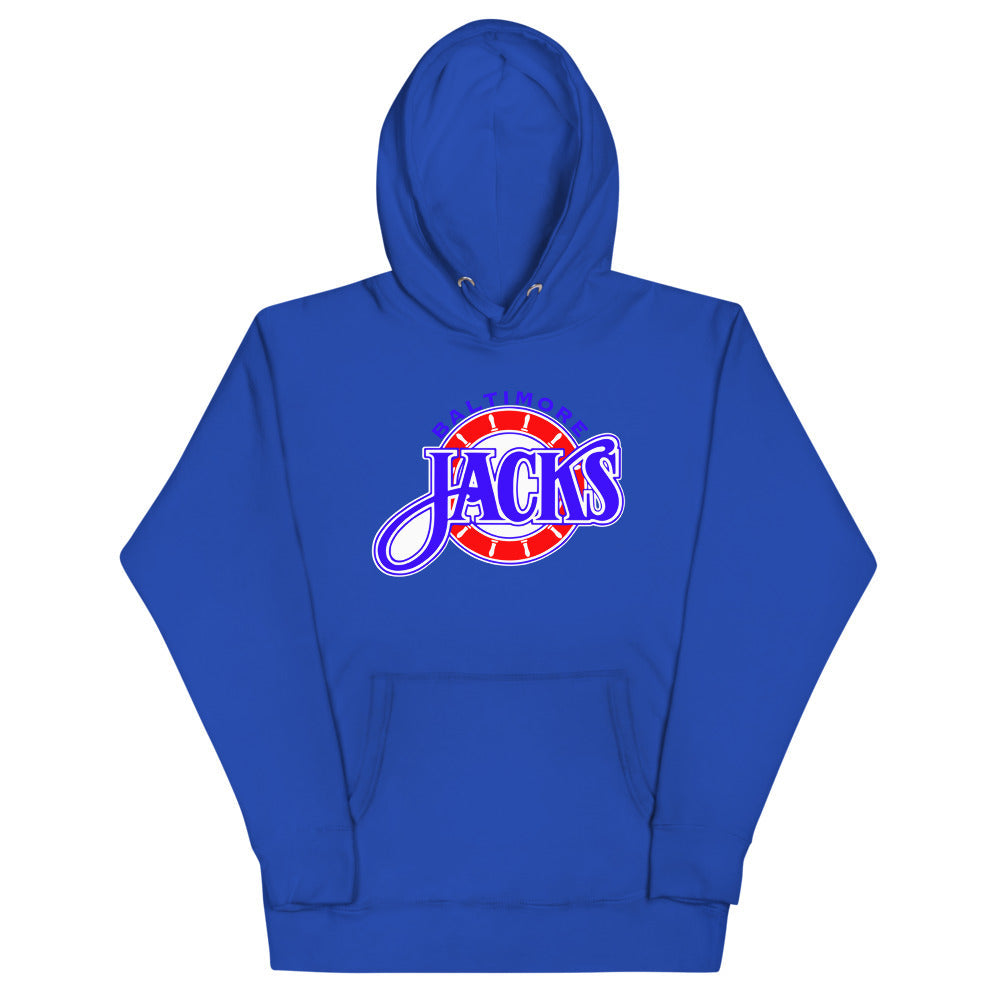 Baltimore Skipjacks Red & Blue Premium Hoodie with the blue Jacks script over a red striped ball on the front