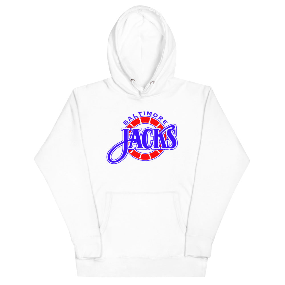 Baltimore Skipjacks Red & Blue Premium Hoodie with the blue Jacks script over a red striped ball on the front, view 4