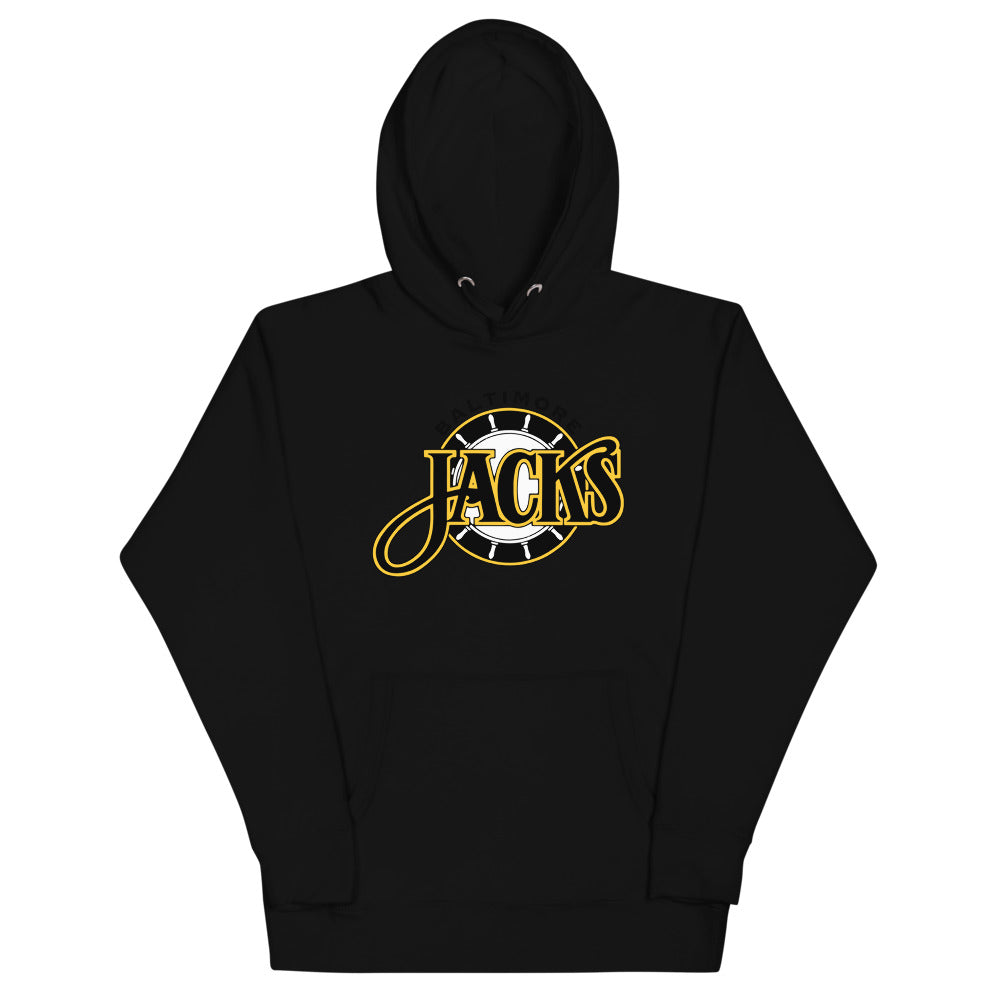 Baltimore Skipjacks Black Hoodie (Premium) with the gold Jacks script over a striped ball on the front