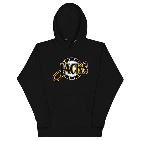 Baltimore Skipjacks Black Hoodie (Premium) with the gold Jacks script over a striped ball on the front