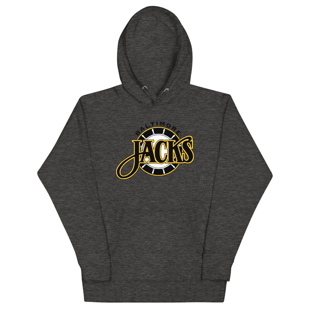 Baltimore Skipjacks Black Hoodie (Premium) with the gold Jacks script over a striped ball on the front, view 2