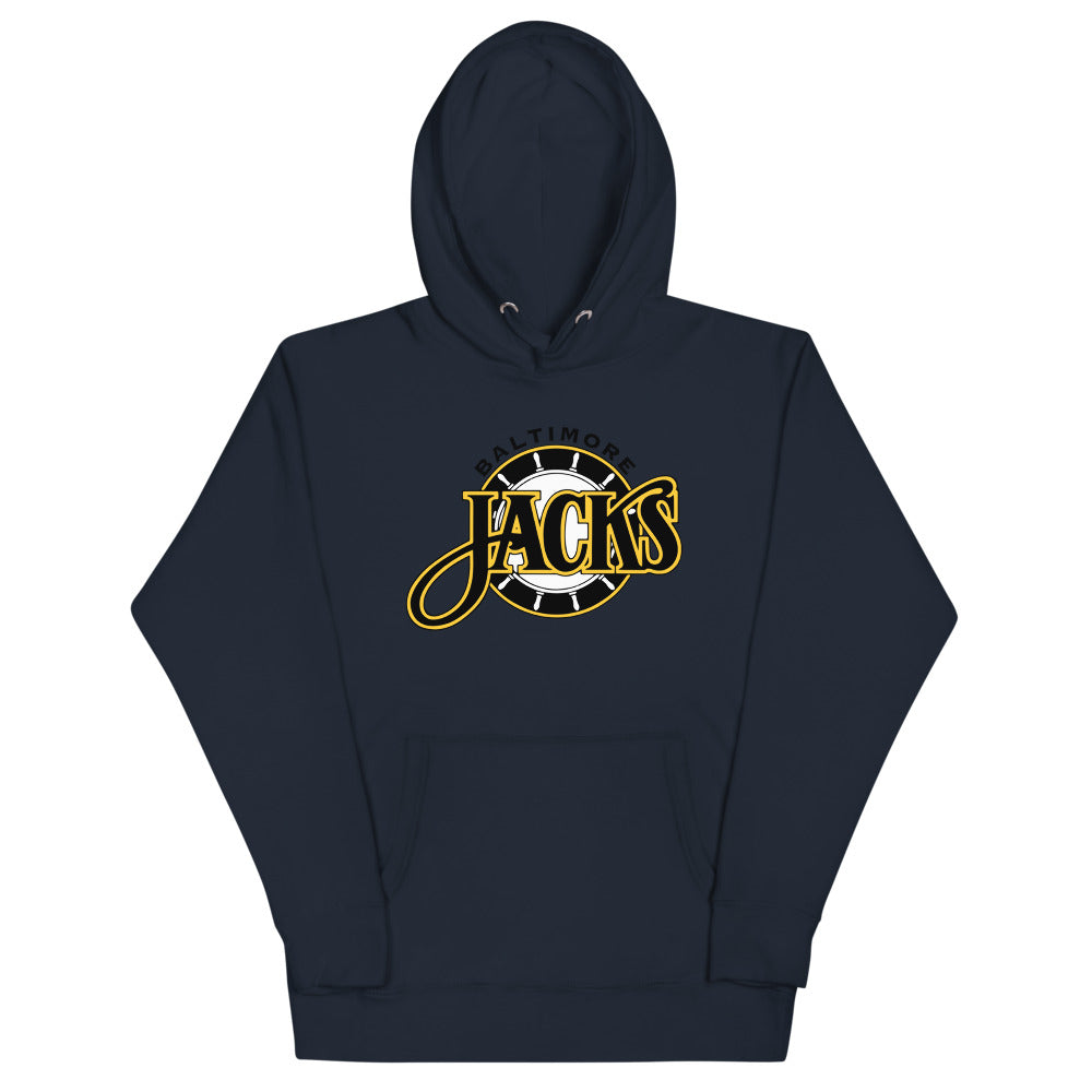 Baltimore Skipjacks Black Hoodie (Premium) with the gold Jacks script over a striped ball on the front, view 3