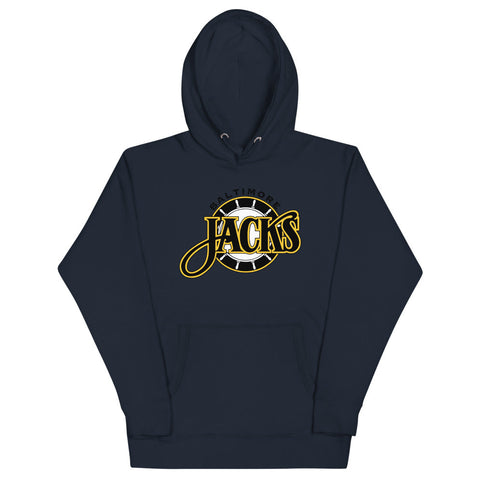Baltimore Skipjacks Black Hoodie (Premium) with the gold Jacks script over a striped ball on the front, view 3