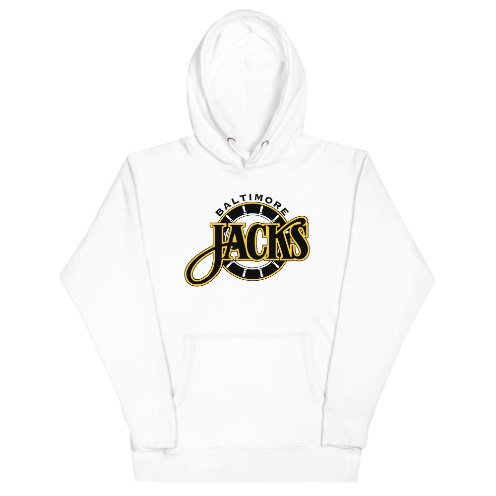Baltimore Skipjacks Black Hoodie (Premium) with the gold Jacks script over a striped ball on the front, view 4