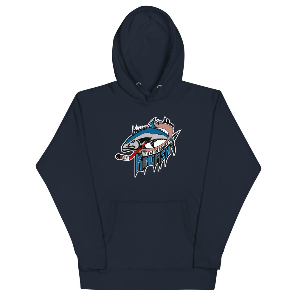 Baton Rouge Kingfish Hoodie (Premium) with the leaping kingfish over a hockey stick on the front, view 3