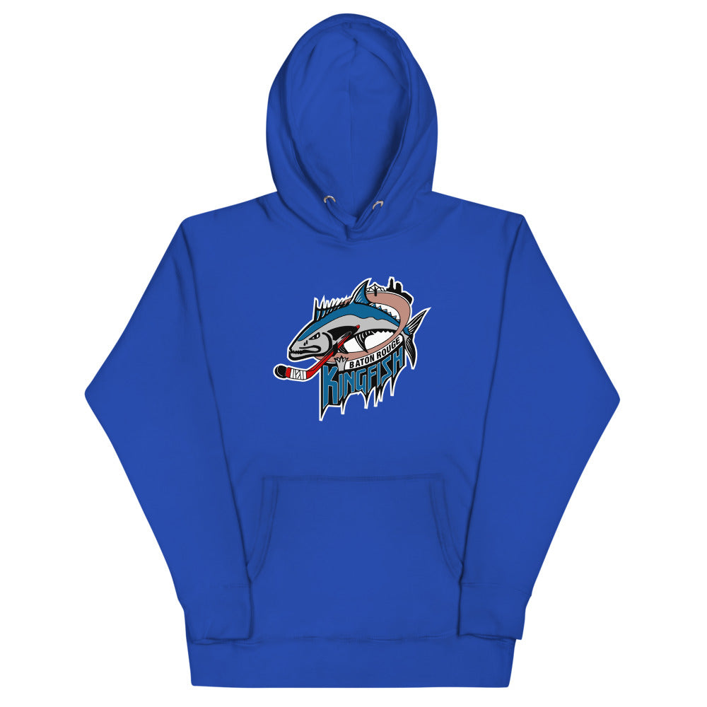 Baton Rouge Kingfish Hoodie (Premium) with the leaping kingfish over a hockey stick on the front