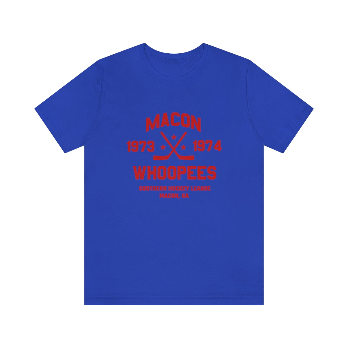 CLEARANCE Macon Whoopees Dated T-Shirt (Premium Lightweight) in true royal with the red crossed sticks with 1973 and 1974 lettering on the front