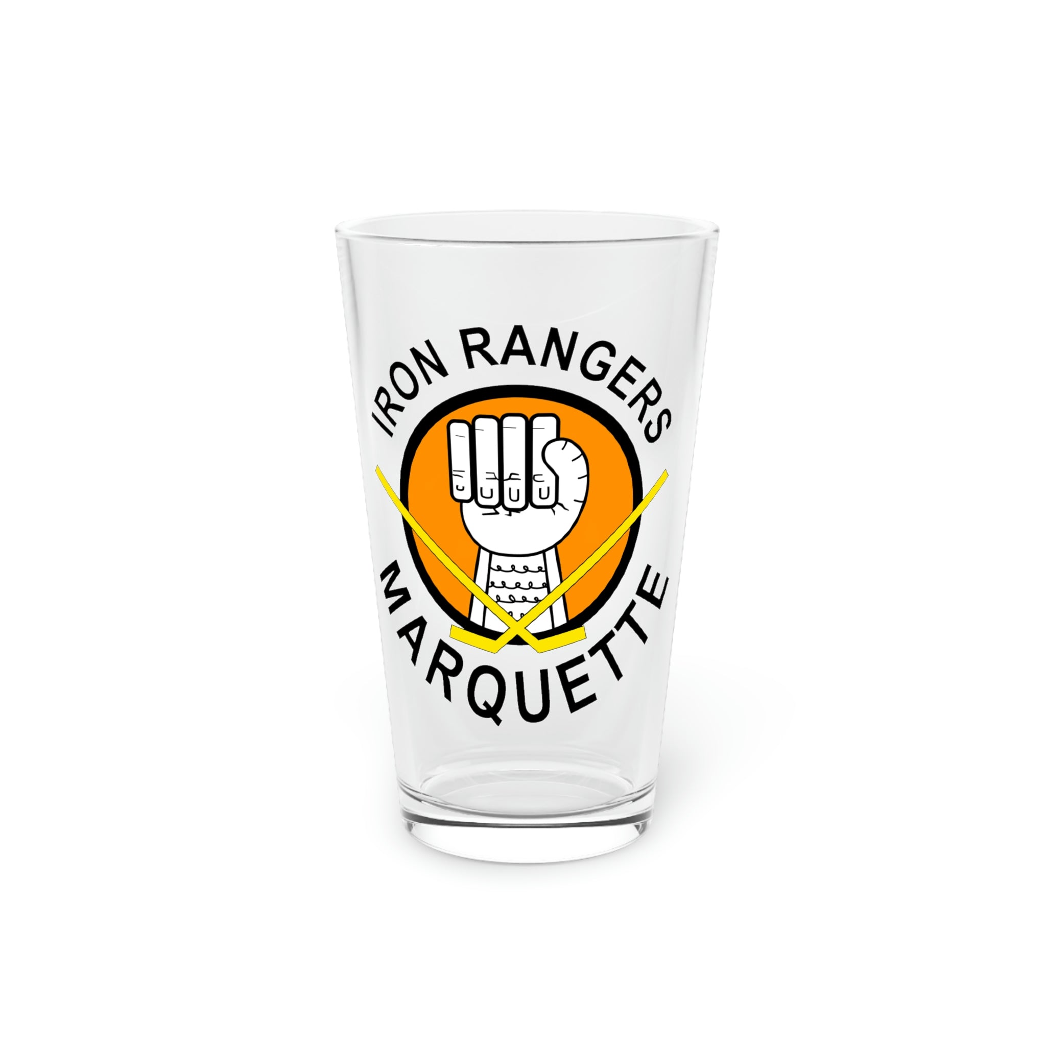 CLEARANCE Marquette Iron Rangers Pint Glass - 16oz in clear with the orange fist logo in a black lettering ring