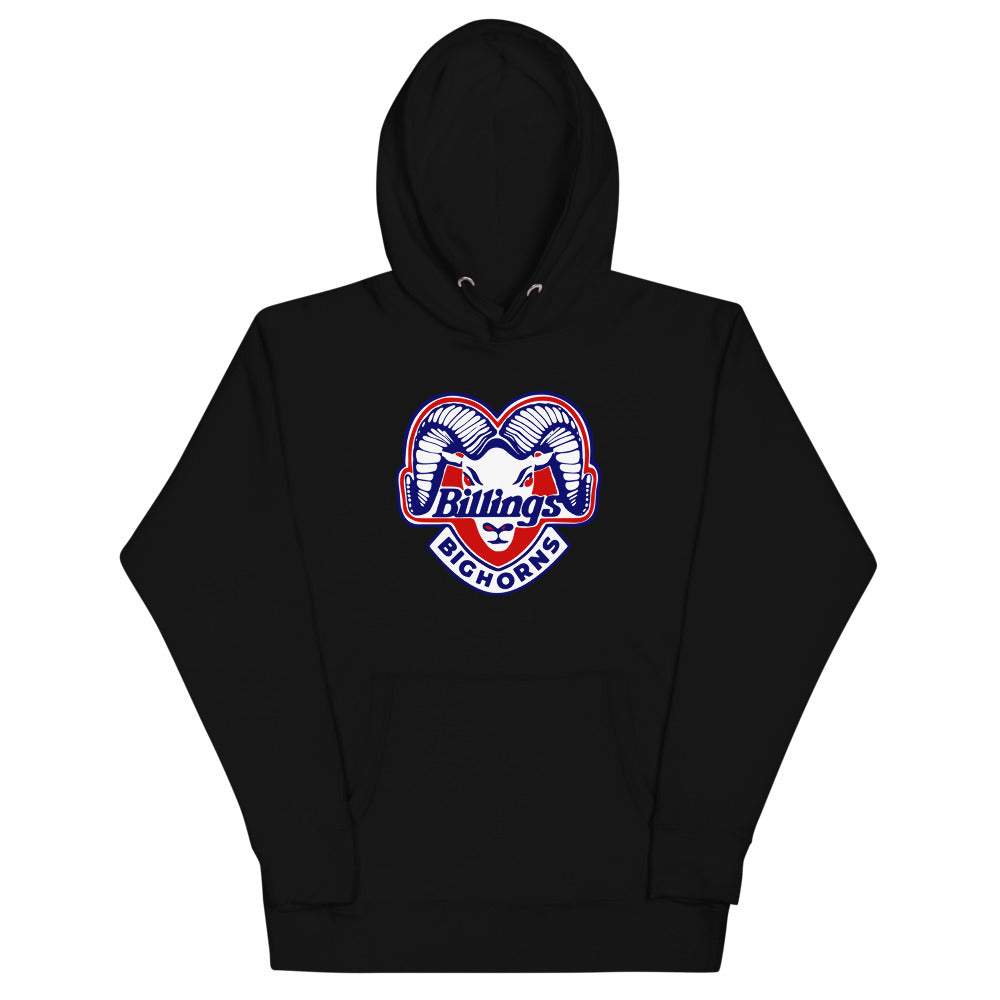 Billings Bighorns Hoodie (Premium) with the curled ram horns around red script on the front, view 2