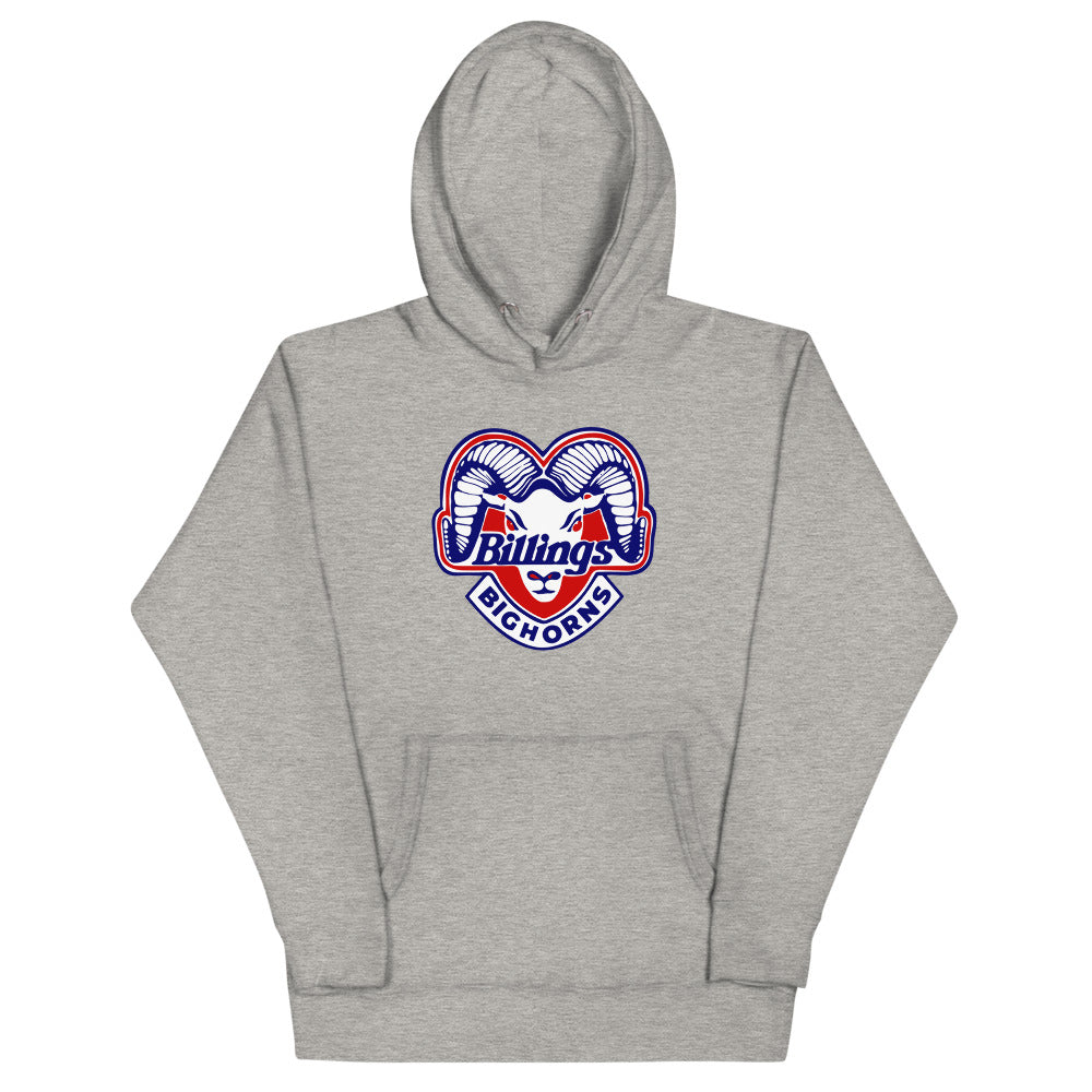 Billings Bighorns Hoodie (Premium) with the curled ram horns around red script on the front, view 3