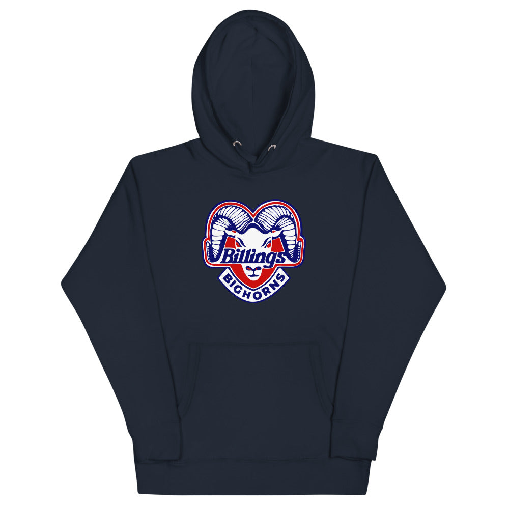 Billings Bighorns Hoodie (Premium) with the curled ram horns around red script on the front, view 4