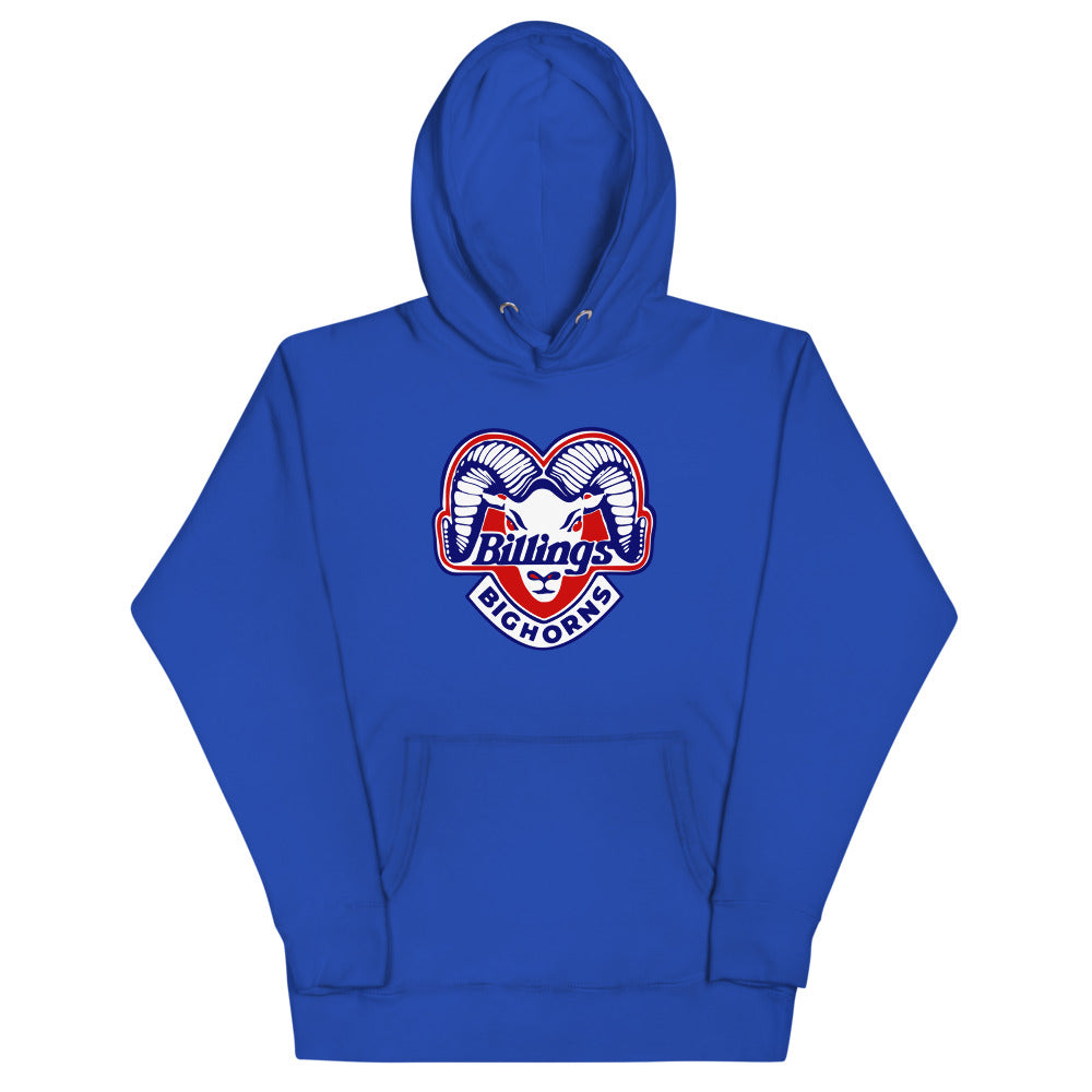 Billings Bighorns Hoodie (Premium) with the curled ram horns around red script on the front