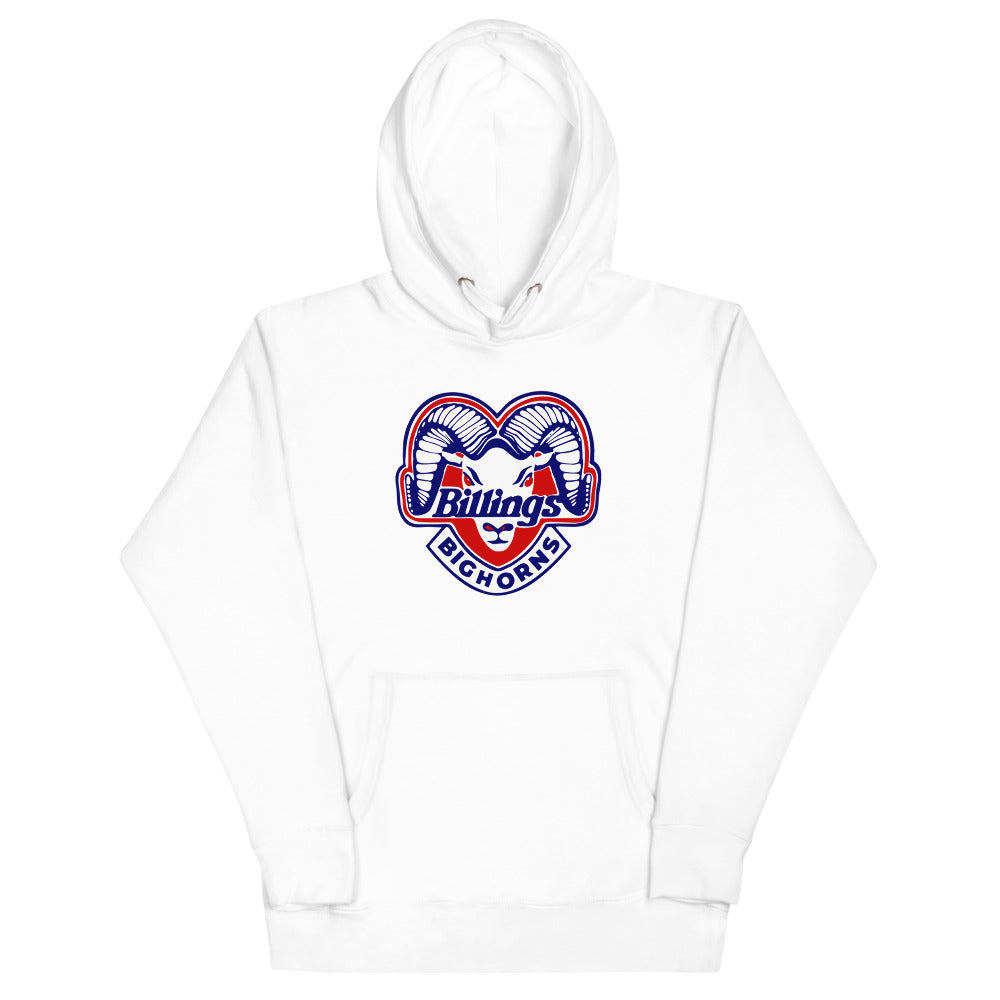 Billings Bighorns Hoodie (Premium) with the curled ram horns around red script on the front, view 5