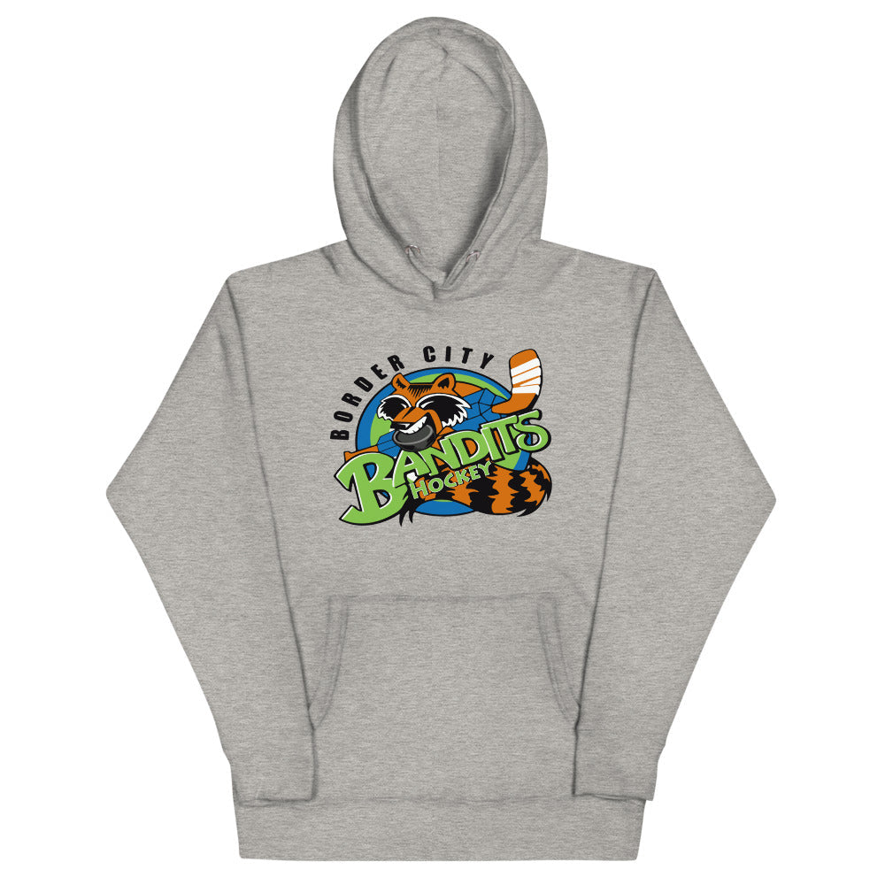Border City Bandits Hoodie (Premium) with the raccoon mascot over green bubble lettering on the front, view 2