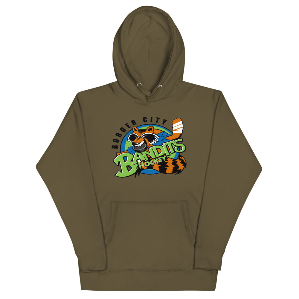 Border City Bandits Hoodie (Premium) with the raccoon mascot over green bubble lettering on the front