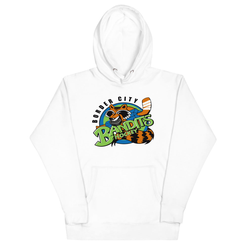 Border City Bandits Hoodie (Premium) with the raccoon mascot over green bubble lettering on the front, view 3