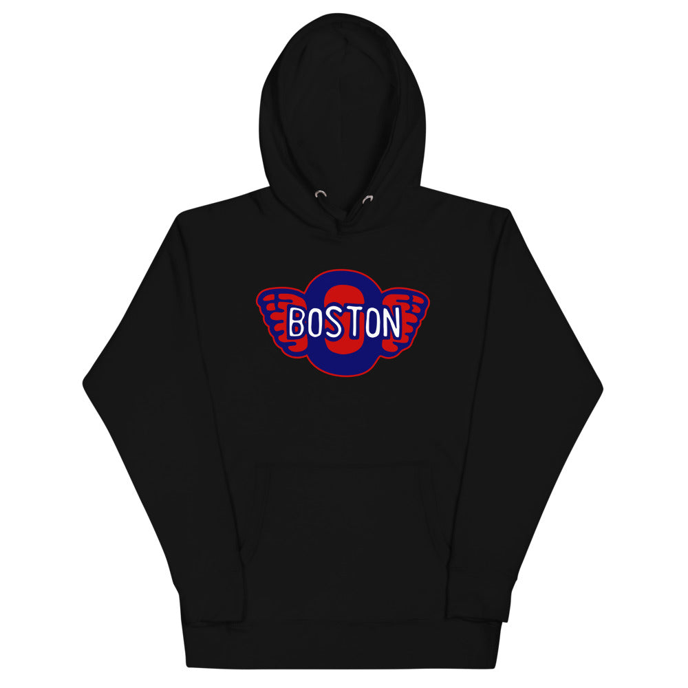 Boston Olympics Hoodie (Premium) with the winged red and blue wordmark crest on the front, view 2