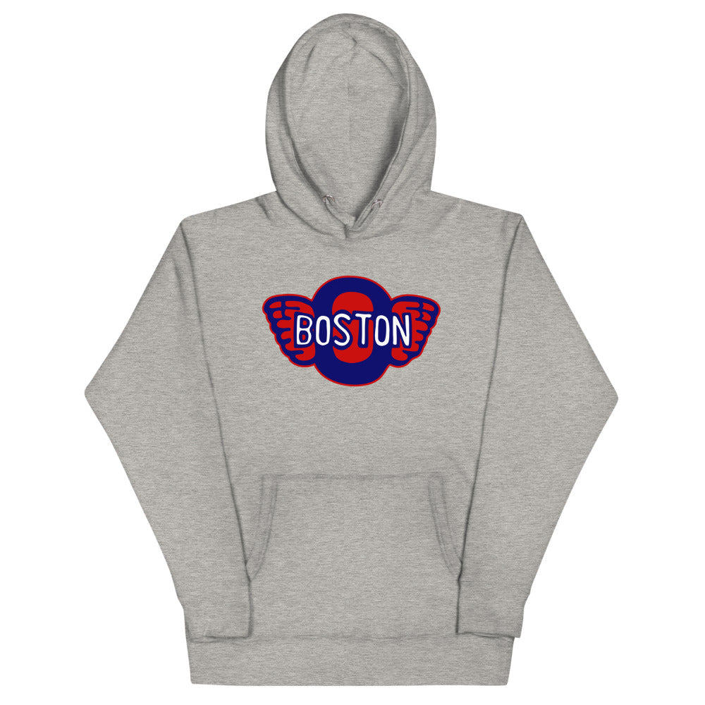 Boston Olympics Hoodie (Premium) with the winged red and blue wordmark crest on the front, view 3