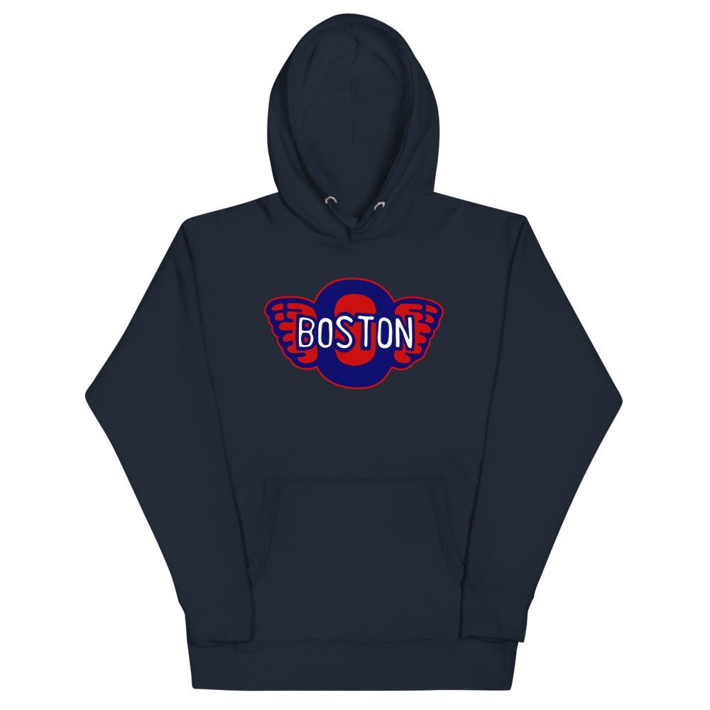 Boston Olympics Hoodie (Premium) with the winged red and blue wordmark crest on the front, view 4