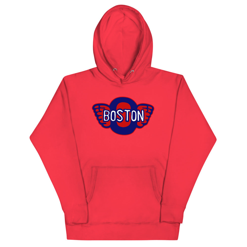 Boston Olympics Hoodie (Premium) with the winged red and blue wordmark crest on the front, view 5